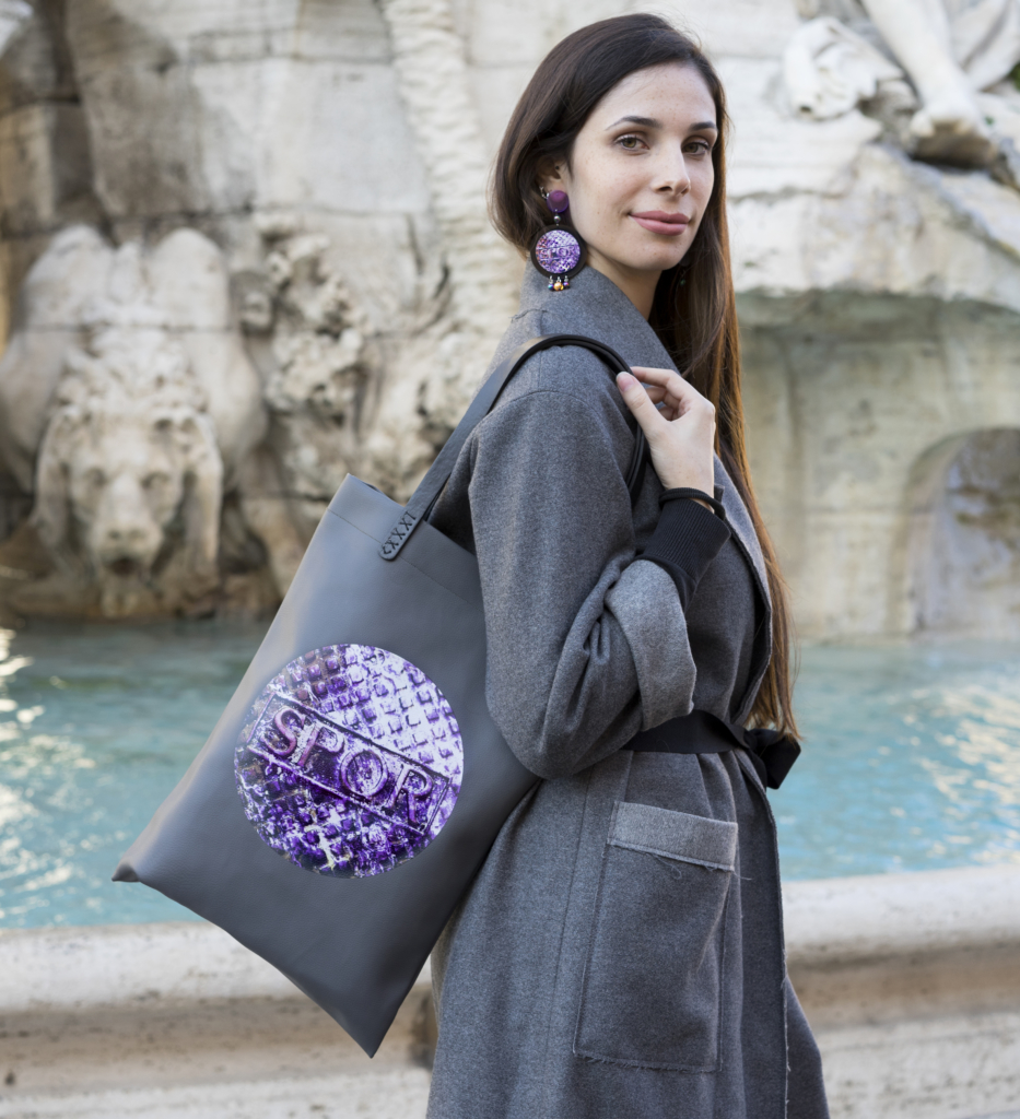 Grey Bag with SPQR Picture Printed and Earrrings coordinate